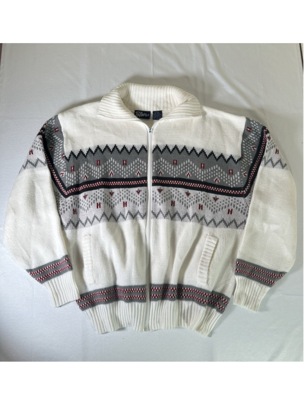 Vintage Blair Fair Isle Cardigan Sweater Nordic Full Zip White Size 2XL READ